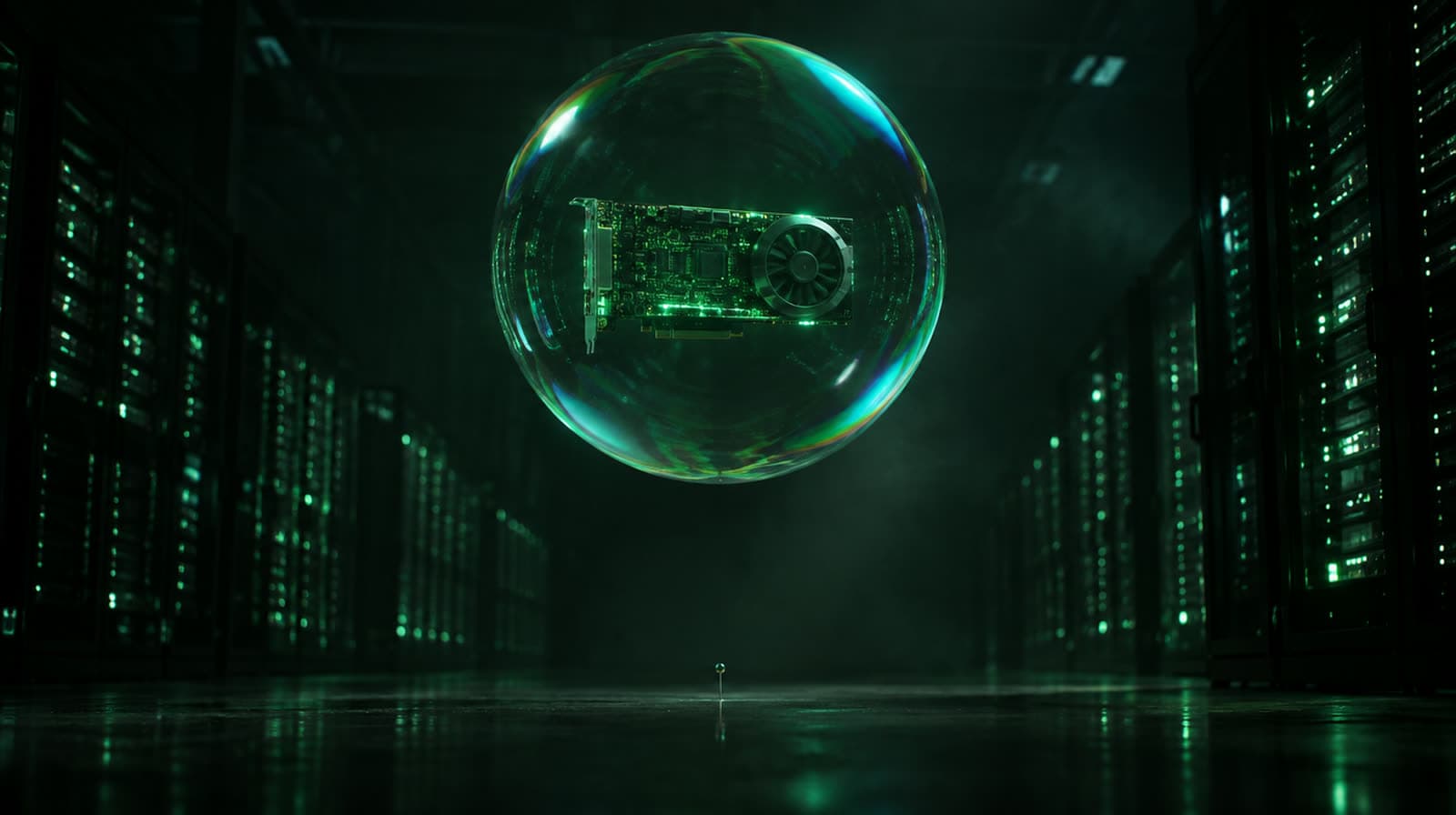 An enormous soap bubble drifting through a dark server hall, a glowing GPU suspended inside it, a single pin on the floor below.