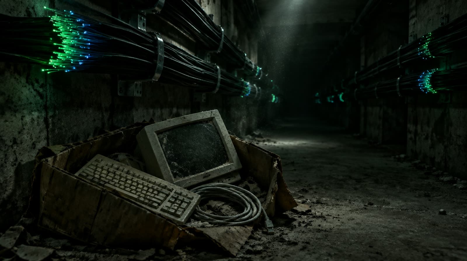Live fibre optic bundles running through a dark cable vault, with dusty abandoned 1990s office equipment on the floor beneath them.